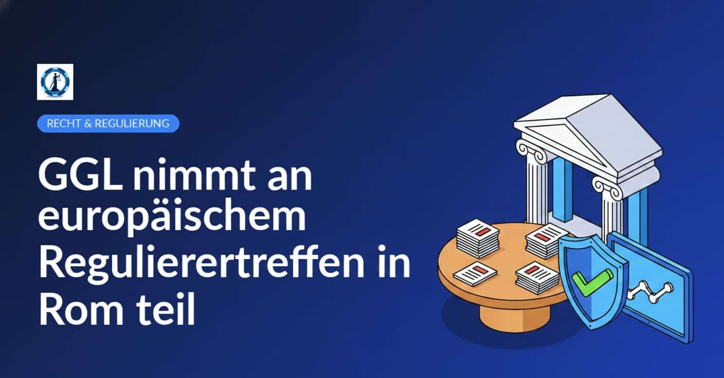 Runder Tisch mit Dokumenten, römisches Säulengebäude im Hintergrund, Schild mit Haken und Bildschirm mit Diagrammen.