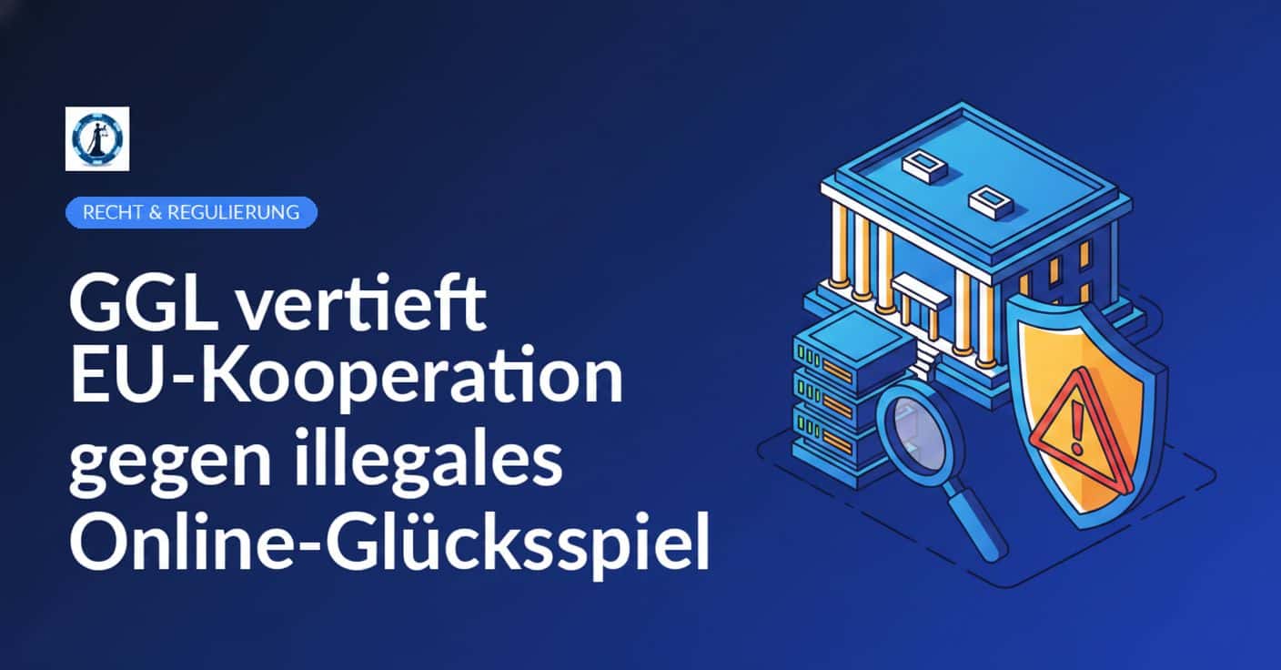 Konferenzgebäude, Schild blockiert Warnsymbol, Server-Rack mit Lupe vor dunklem Hintergrund