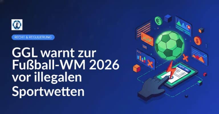 Warnschild „Illegale Sportwetten“ vor Fußball-WM-Logo und Silhouetten von jubelnden Fußballfans im Stadion.