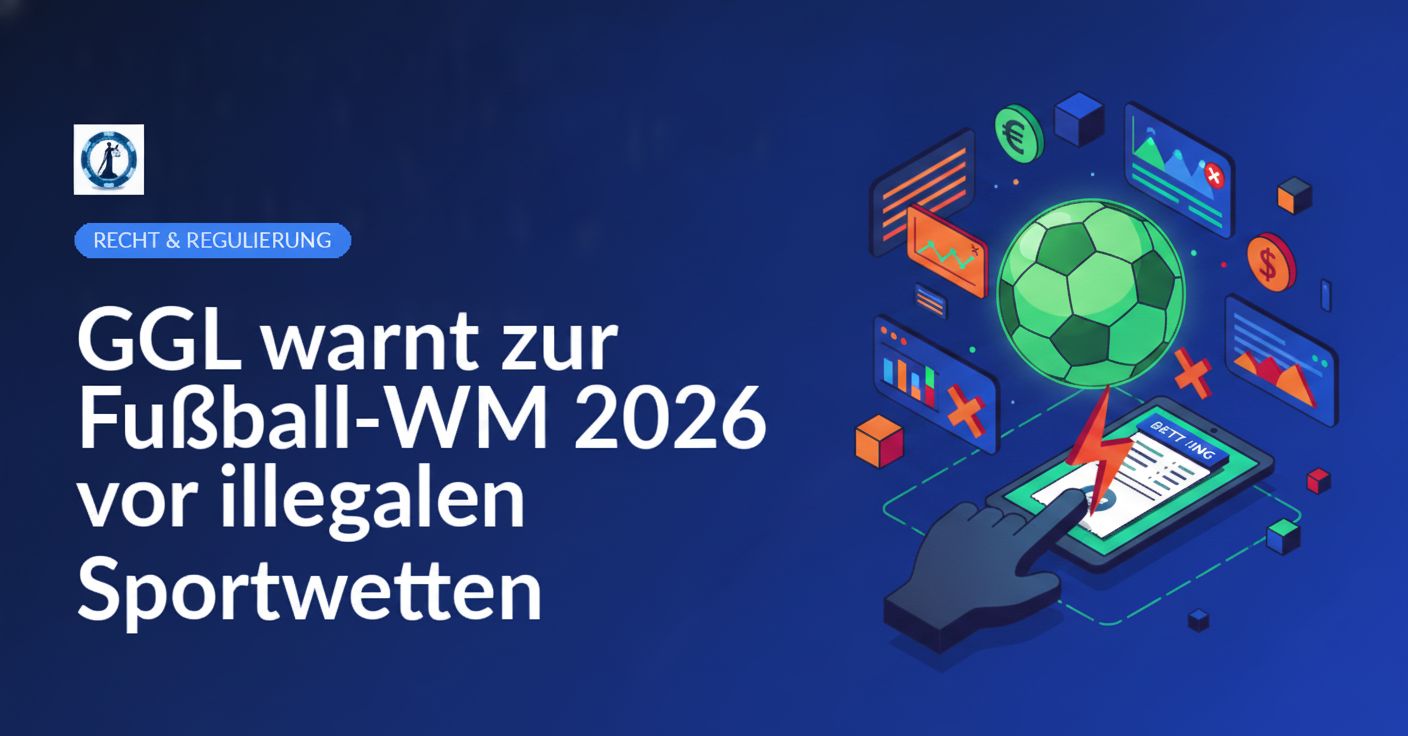 Warnschild „Illegale Sportwetten“ vor Fußball-WM-Logo und Silhouetten von jubelnden Fußballfans im Stadion.